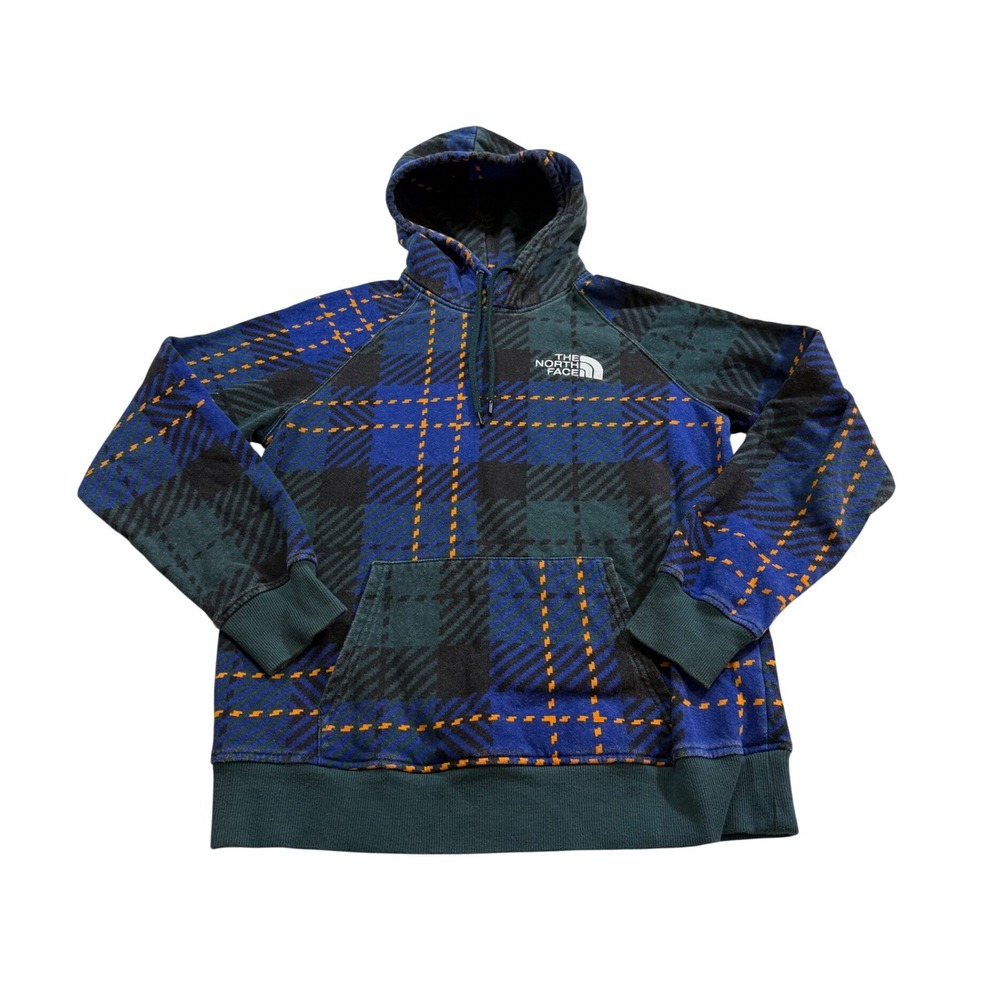 The North Face Hoodie M Blue Green‎ Plaid Fleece Raglan Gorpcore Holiday Tartan